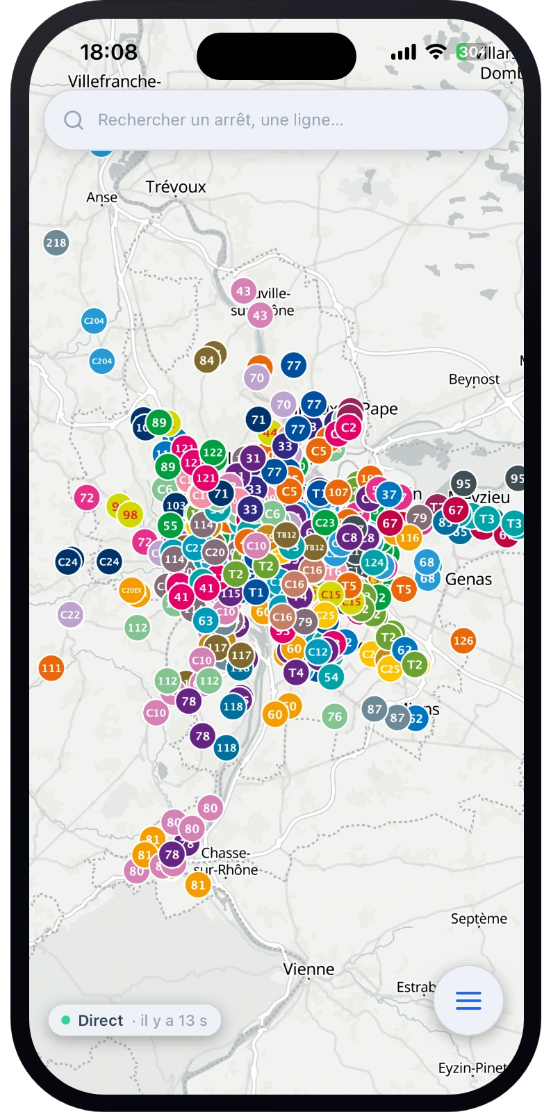 Carte des arrêts et lignes de Lyon en temps réel dans Lyne