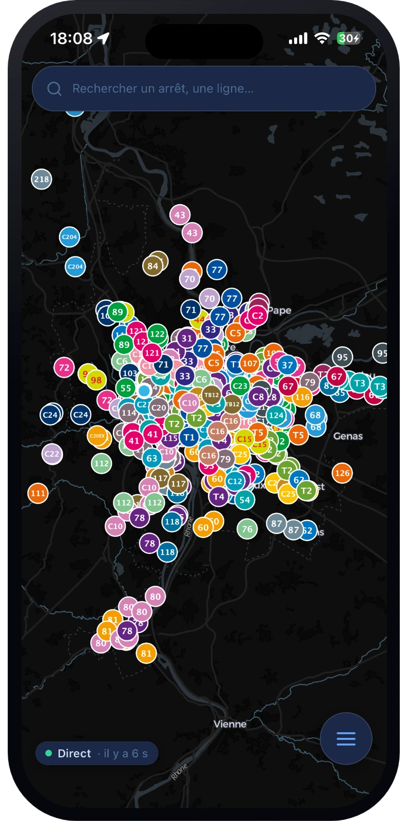 Carte des arrêts et lignes de Lyon en temps réel dans Lyne