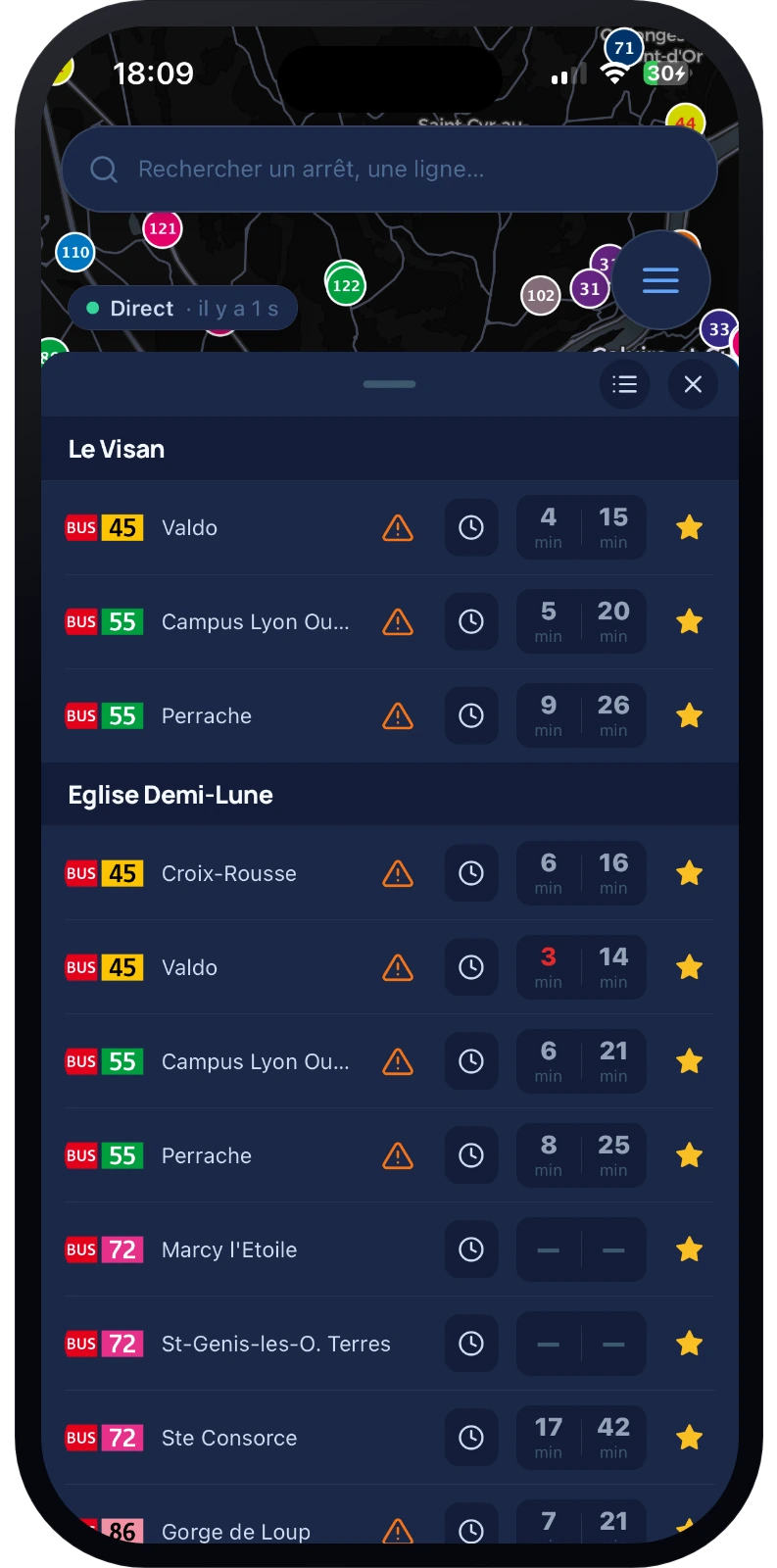Arrêts favoris regroupés avec leurs prochains passages