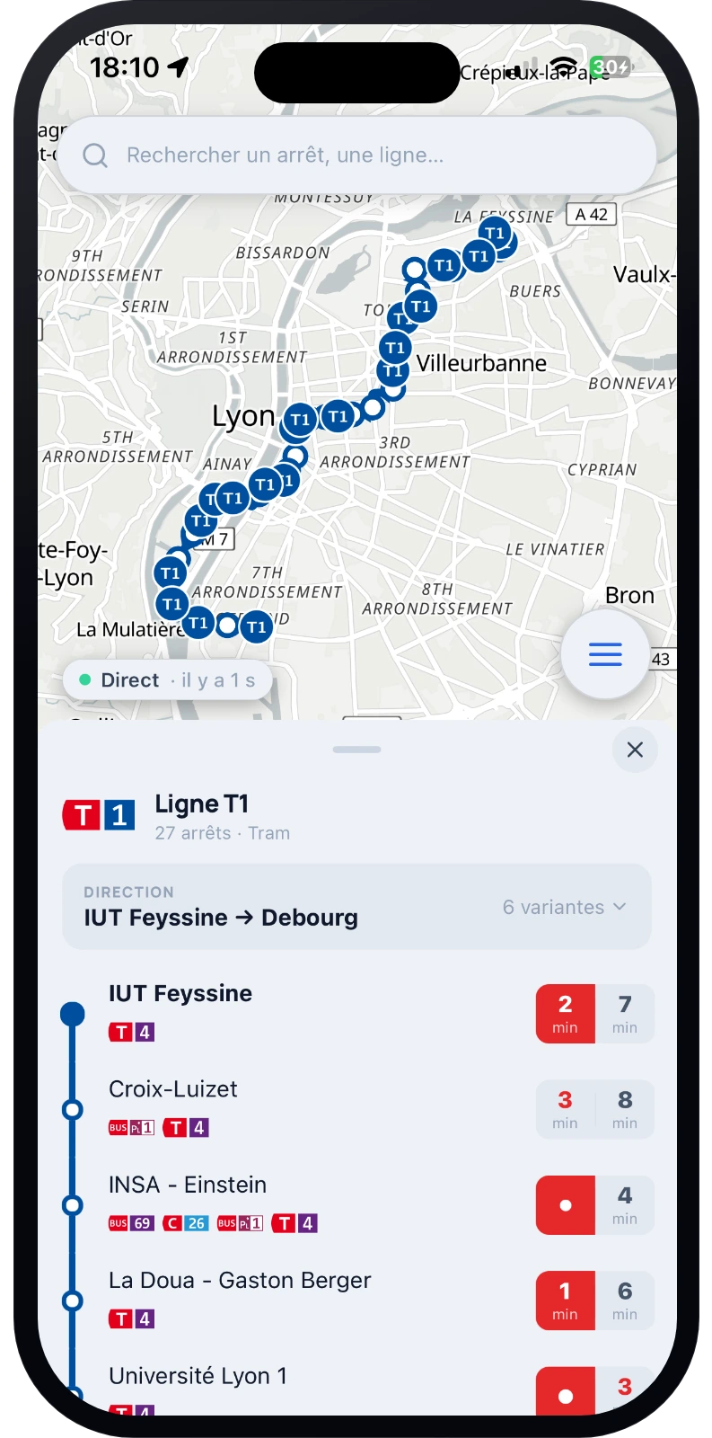 Tracé de la ligne sur la carte et passages à chaque arrêt