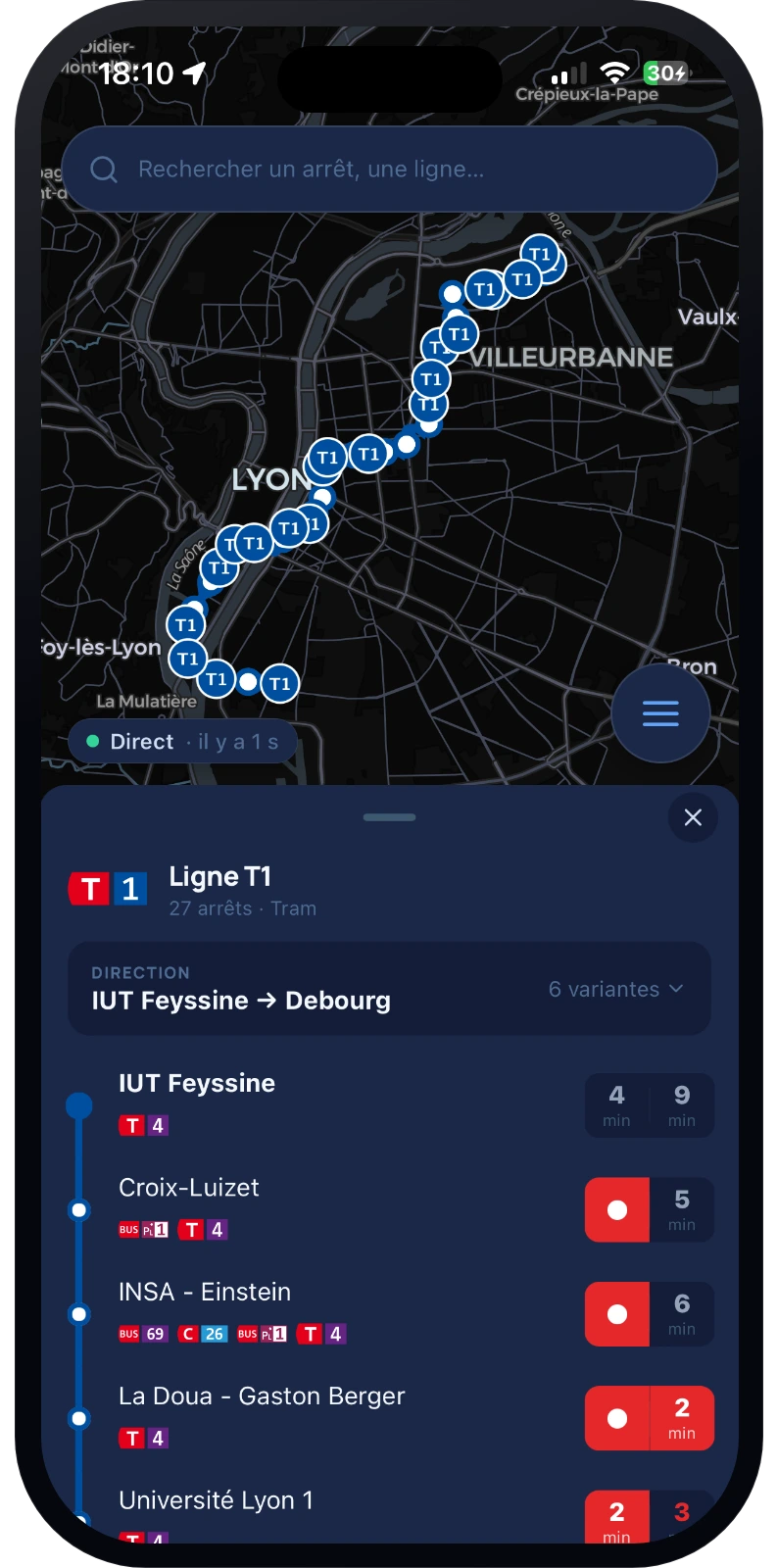 Tracé de la ligne sur la carte et passages à chaque arrêt