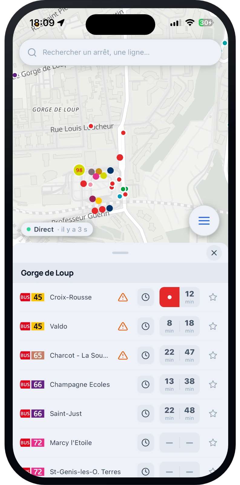 Prochains passages en temps réel à un arrêt