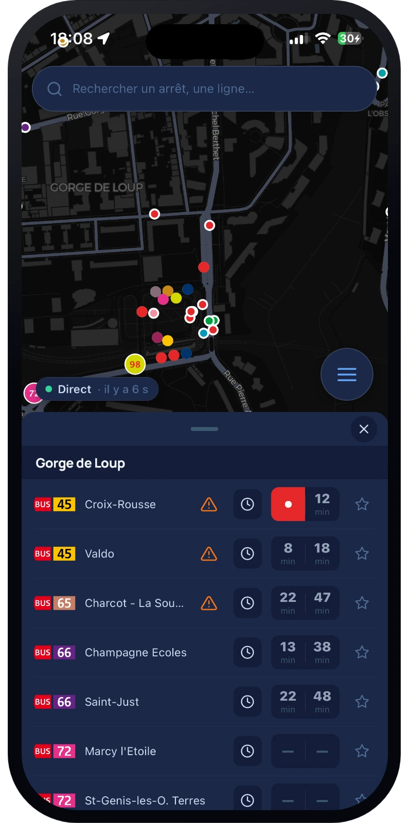 Prochains passages en temps réel à un arrêt